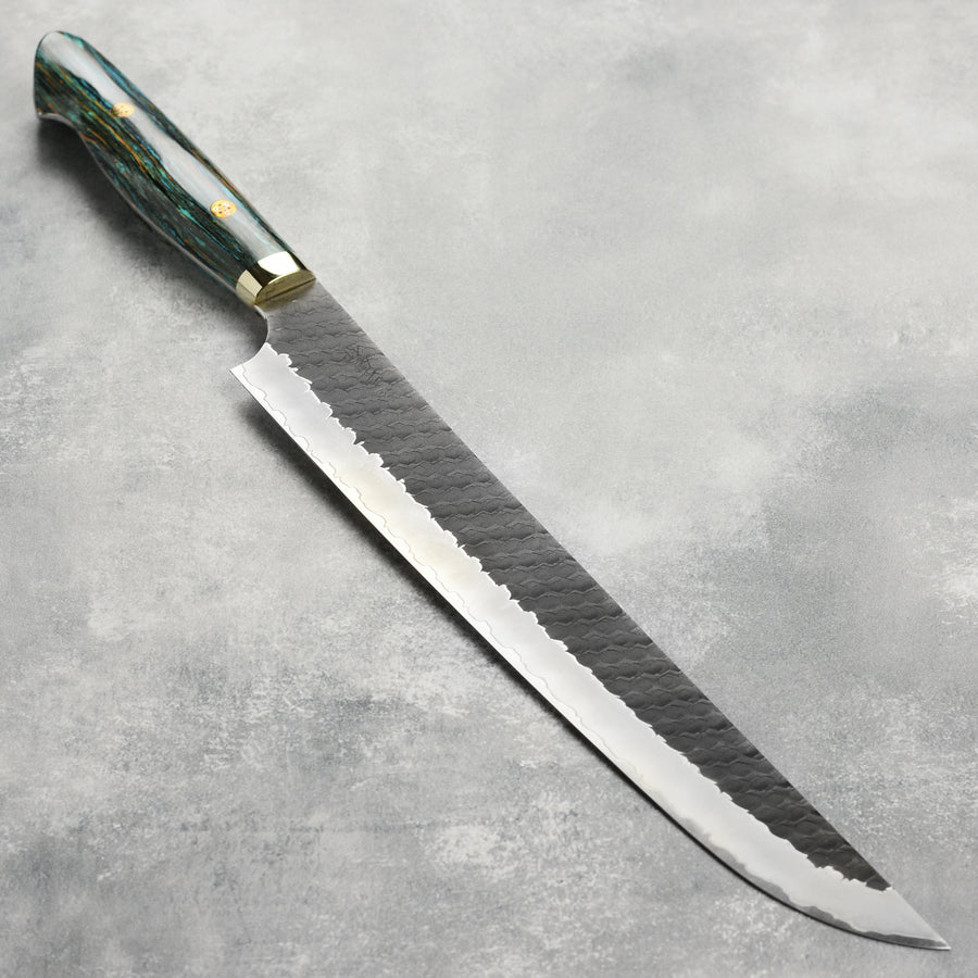 Nigara SG2 Kurouchi Tsuchime 11.8" Sakimaru Sujihiki, Striped Turquoise