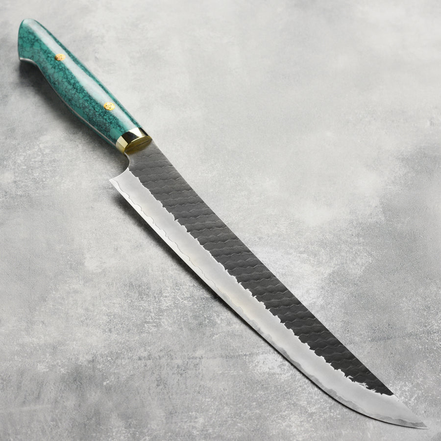 Nigara SG2 Kurouchi Tsuchime 10.6" Sakimaru Sujihiki, Green Turquoise