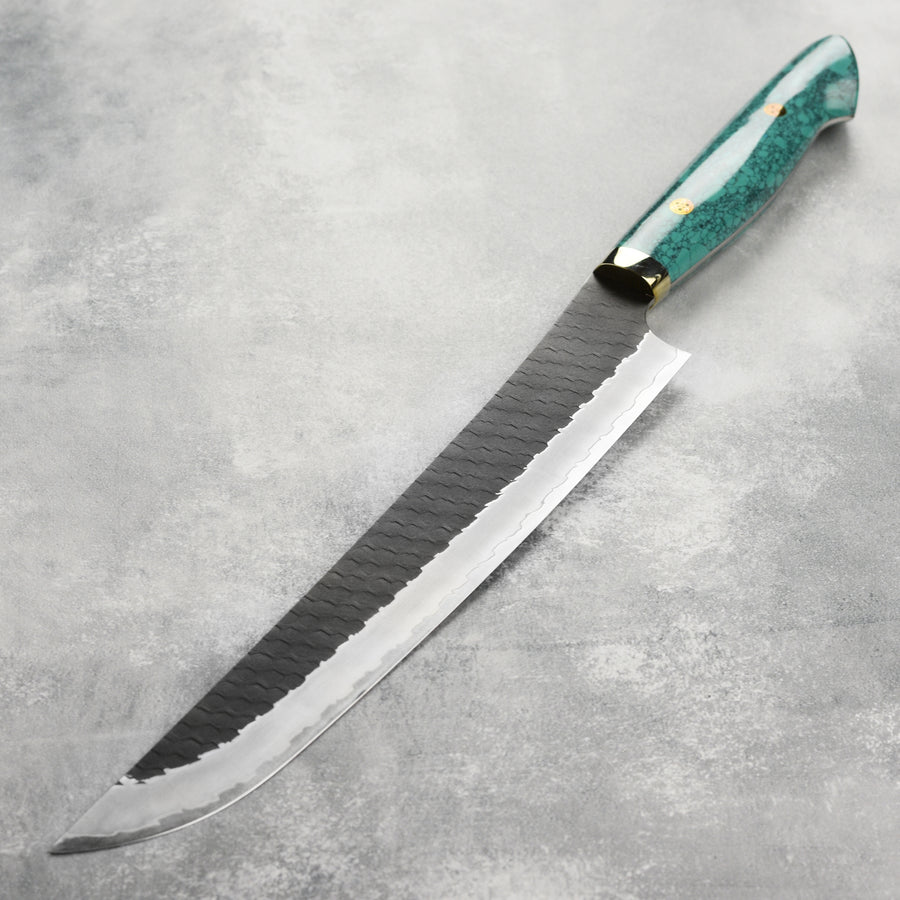 Nigara SG2 Kurouchi Tsuchime 10.6" Sakimaru Sujihiki, Green Turquoise