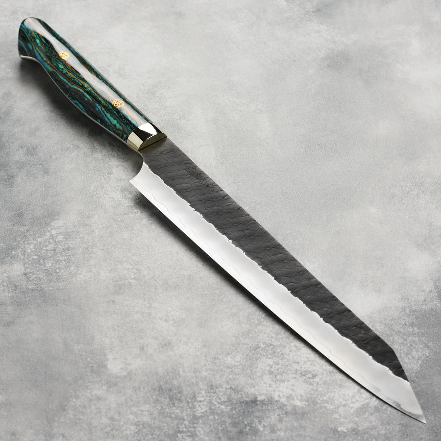 Nigara SG2 Kurouchi Tsuchime 10" Kiritsuke Sujihiki, Striped Turquoise