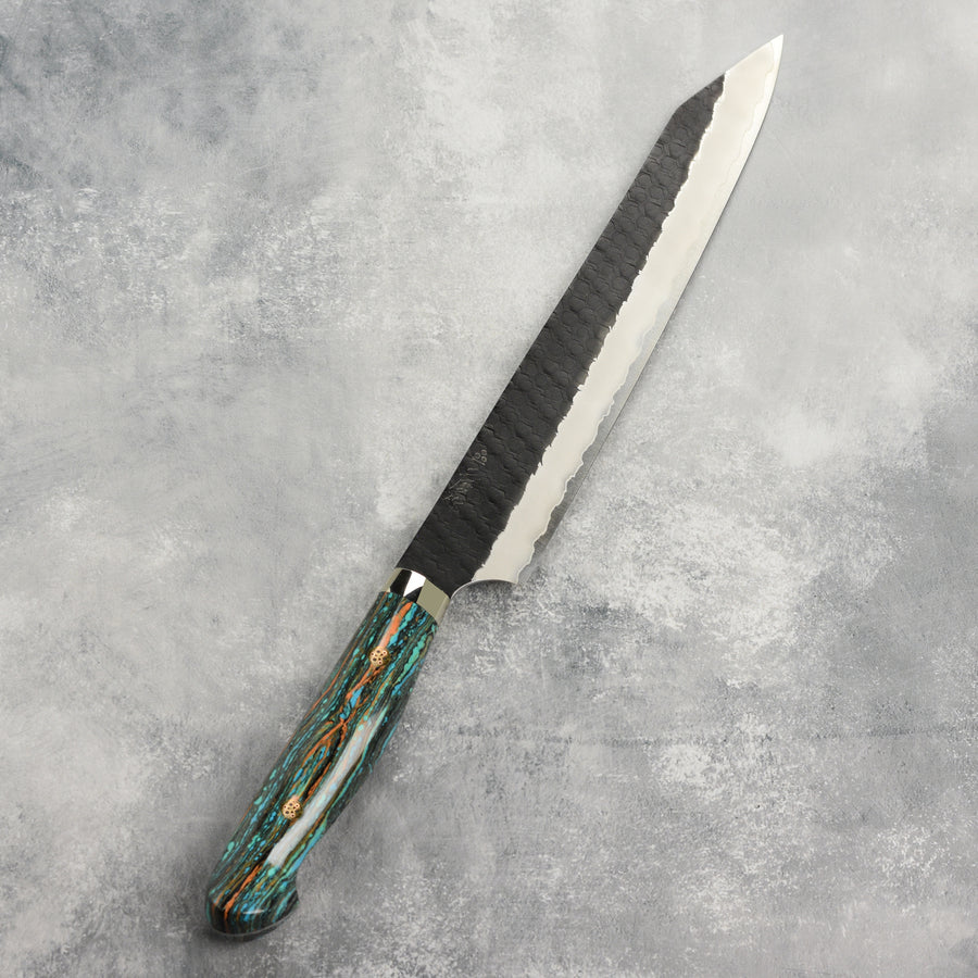 Nigara SG2 Kurouchi Tsuchime 10" Kiritsuke Sujihiki, Striped Turquoise