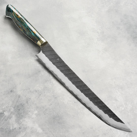 Nigara SG2 Kurouchi Tsuchime 10.6" Sakimaru Sujihiki, Striped Turquoise