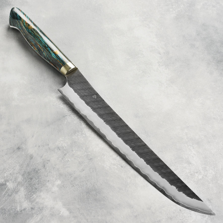 Nigara SG2 Kurouchi Tsuchime 10.6" Sakimaru Sujihiki, Striped Turquoise