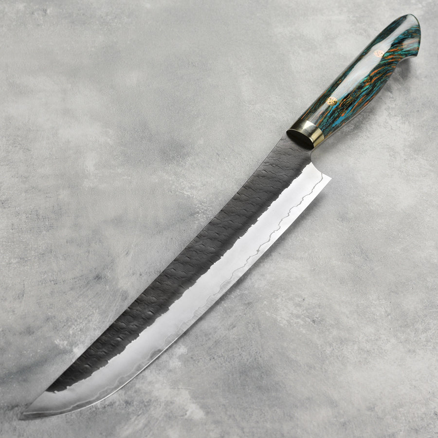 Nigara SG2 Kurouchi Tsuchime 10.6" Sakimaru Sujihiki, Striped Turquoise