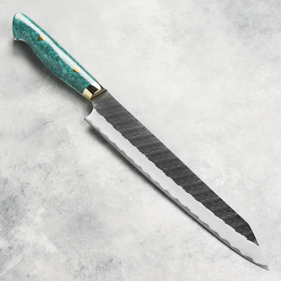 Nigara SG2 Kurouchi Tsuchime 10" Kiritsuke Sujihiki, Green Turquoise