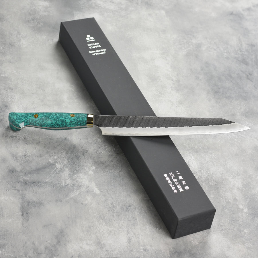 Nigara SG2 Kurouchi Tsuchime 10" Kiritsuke Sujihiki, Green Turquoise