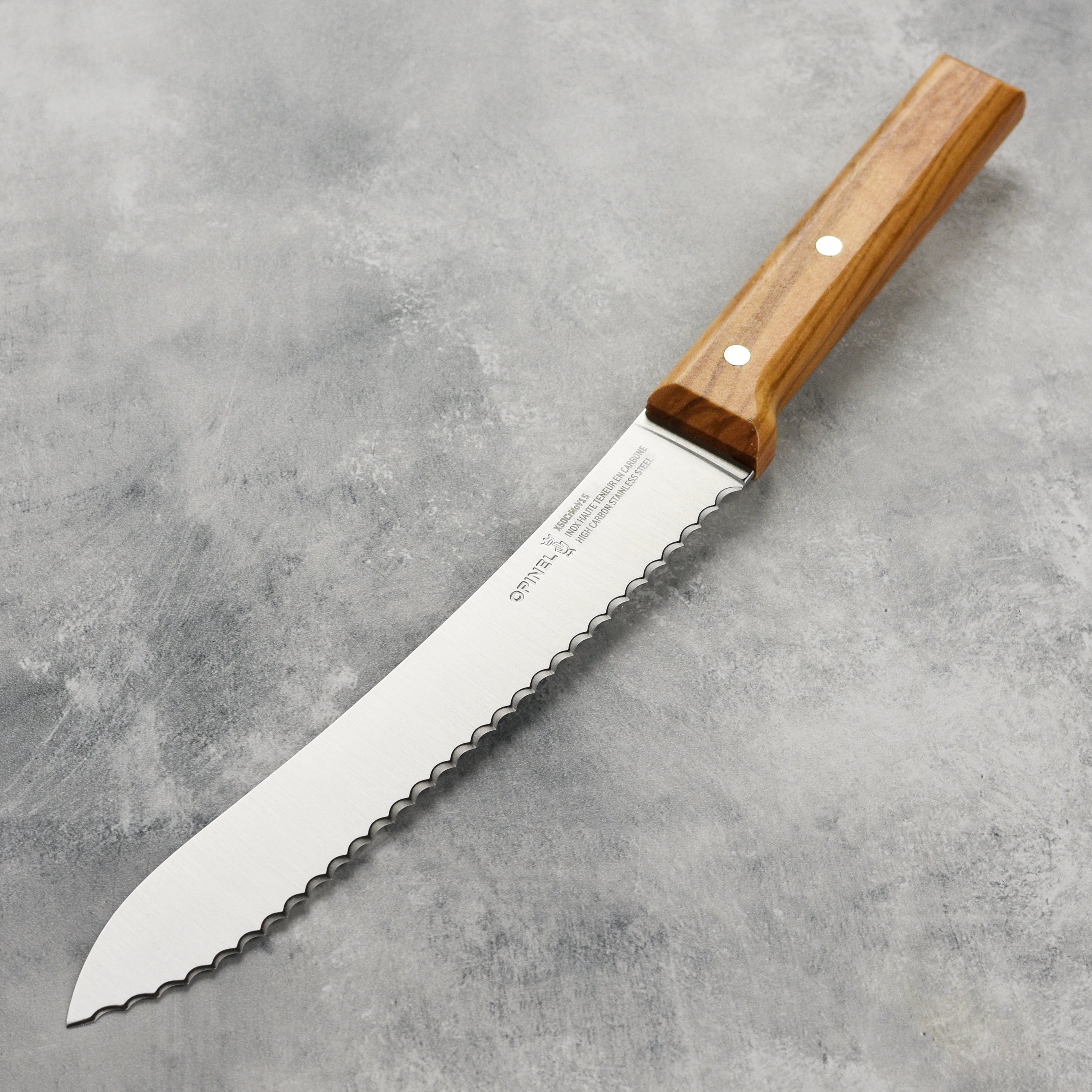 Opinel French Bread Knife with Olivewood Handle, Parallele 8.25" Stainless Steel Serrated Blade