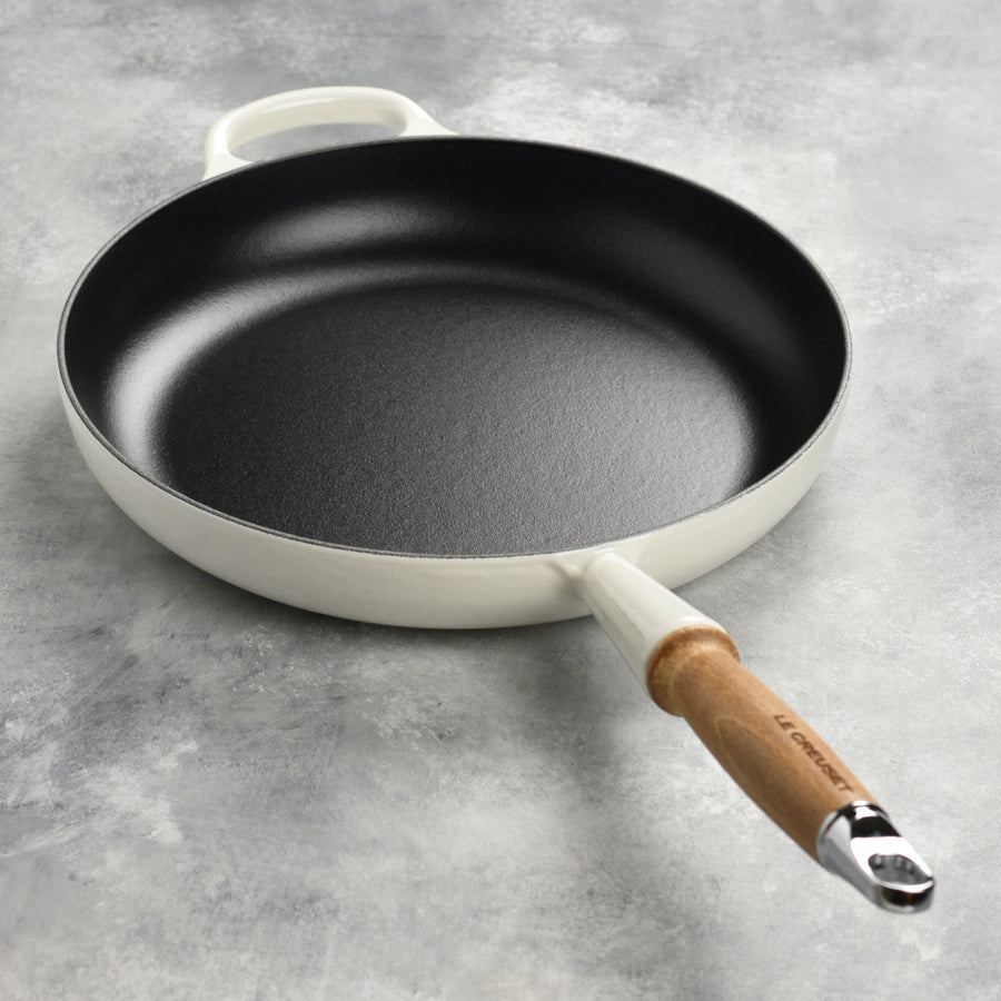 Le Creuset Cast Iron 10.25" White Fry Pan with Wood Handle