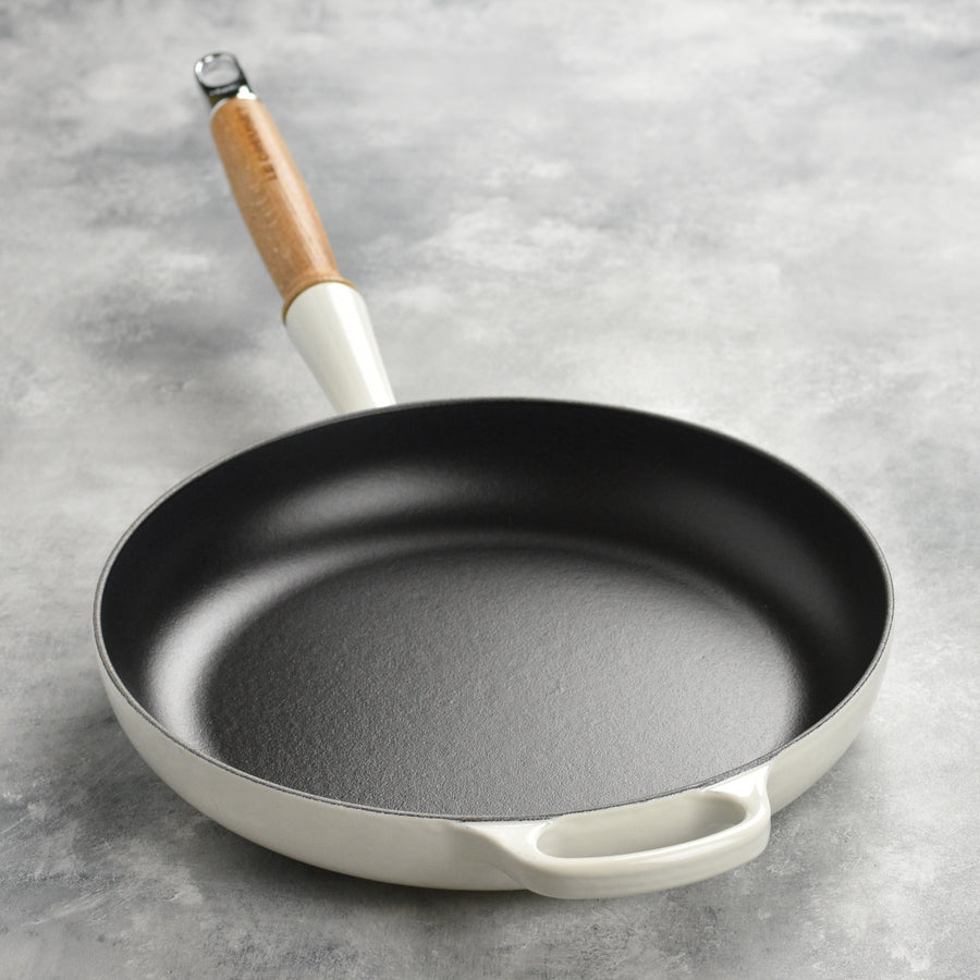 Le Creuset Cast Iron 10.25" White Fry Pan with Wood Handle