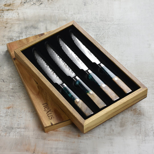 Nexus 4 Piece Damascus Steak Knife Set, Teal Resin & Stabilized Wood
