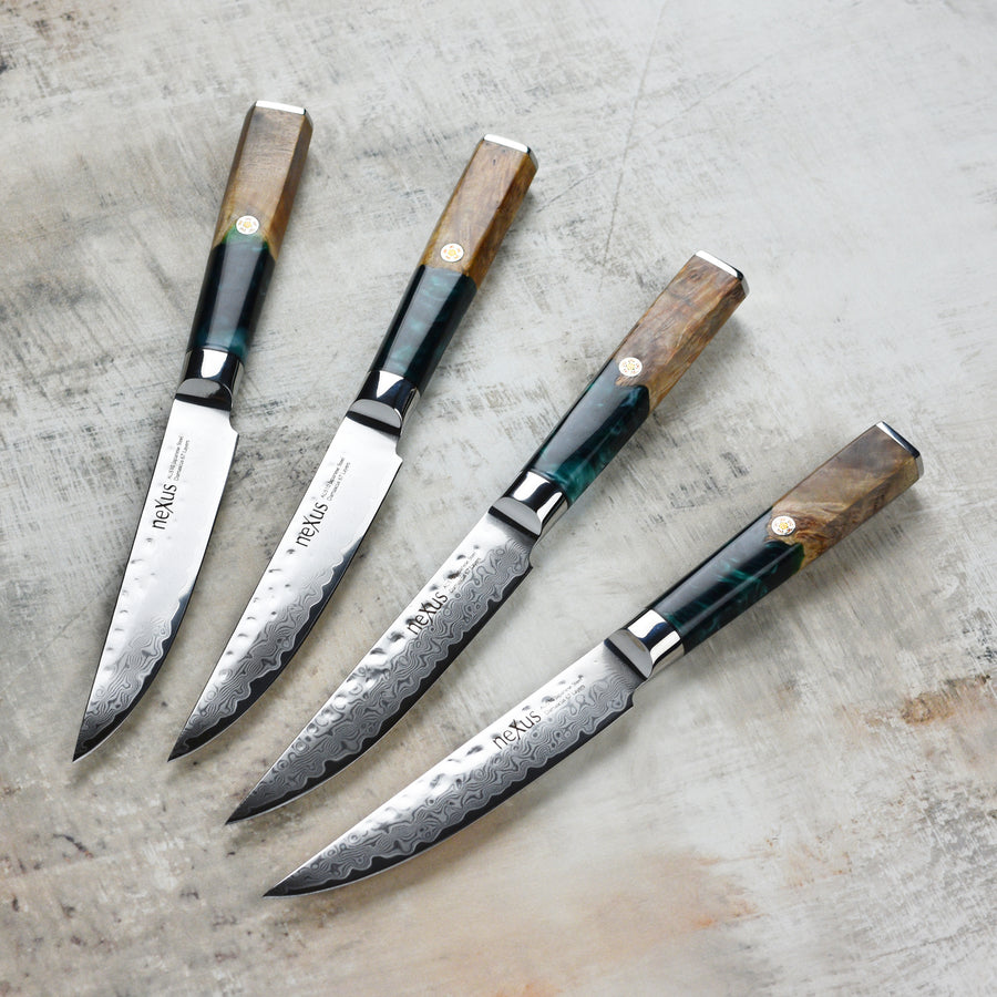 Nexus 4 Piece Damascus Steak Knife Set, Resin & Stabilized Wood