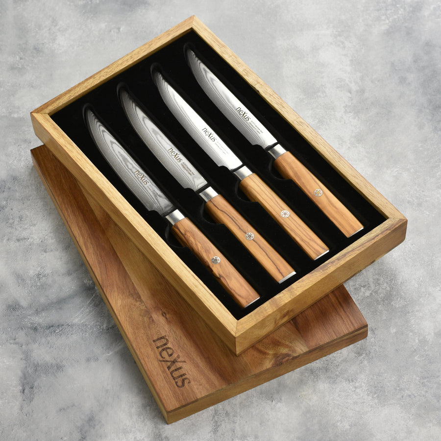 Nexus 4 Piece Damascus Steak Knife Set, Olive Wood