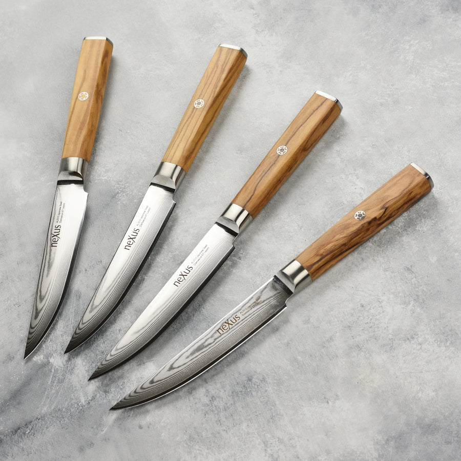 Nexus 4 Piece Damascus Steak Knife Set, Olive Wood