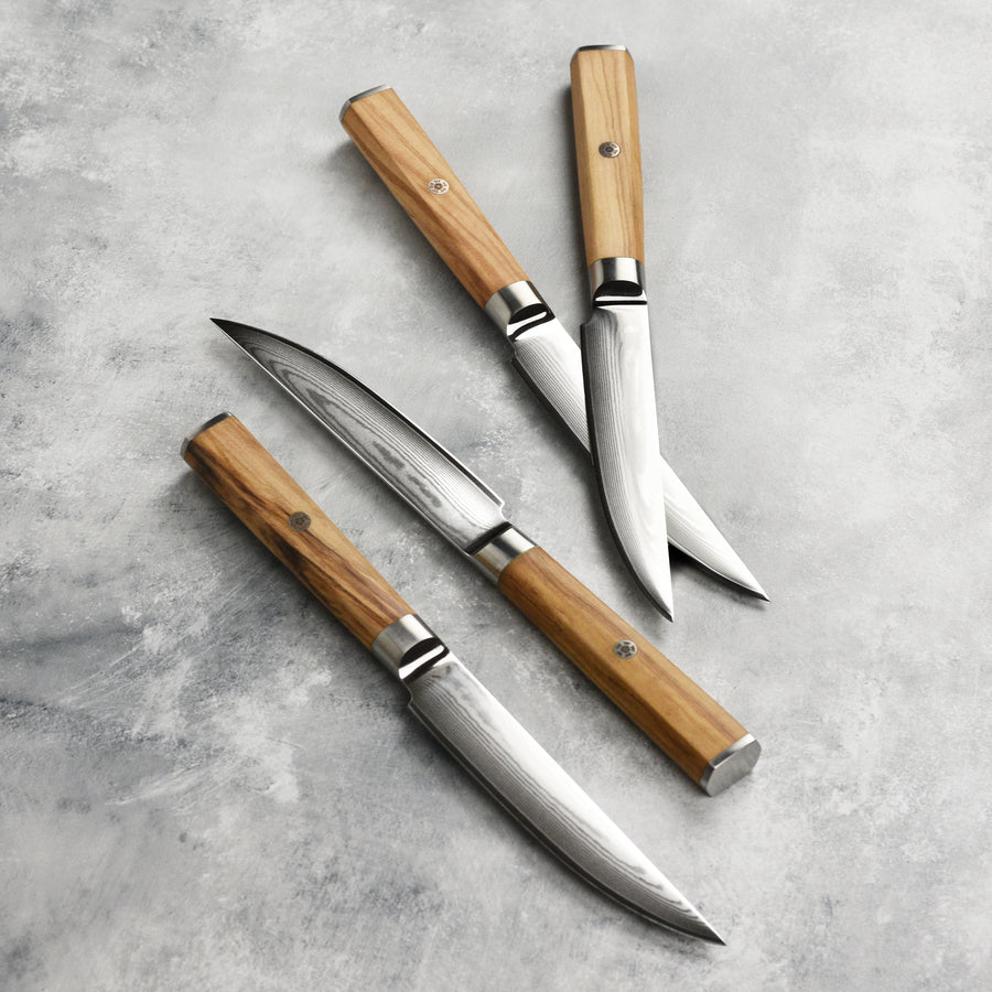 Nexus 4 Piece Damascus Steak Knife Set, Olive Wood