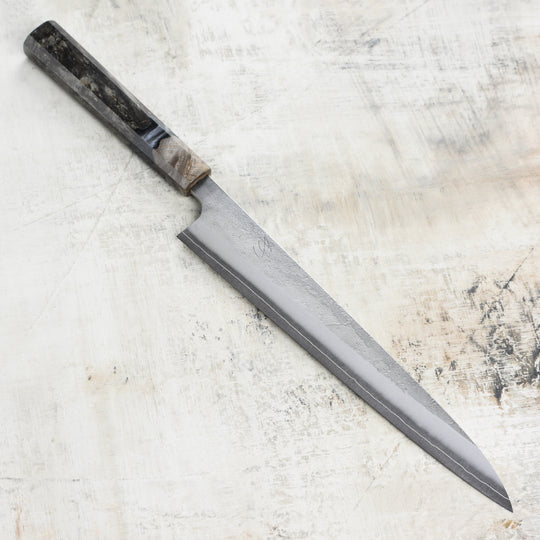 Yoshikane SKD Nashiji Stainless Clad 9.4" Sujihiki, Stabilized Birch