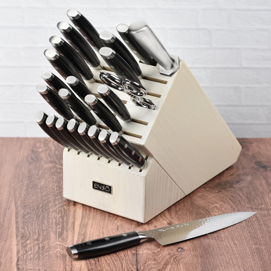 Enso Knife Set - Made in Japan - HD Series - VG10 Hammered Damascus  Japanese Stainless Steel with Slim Gray Ash Knife Block - 7 Piece