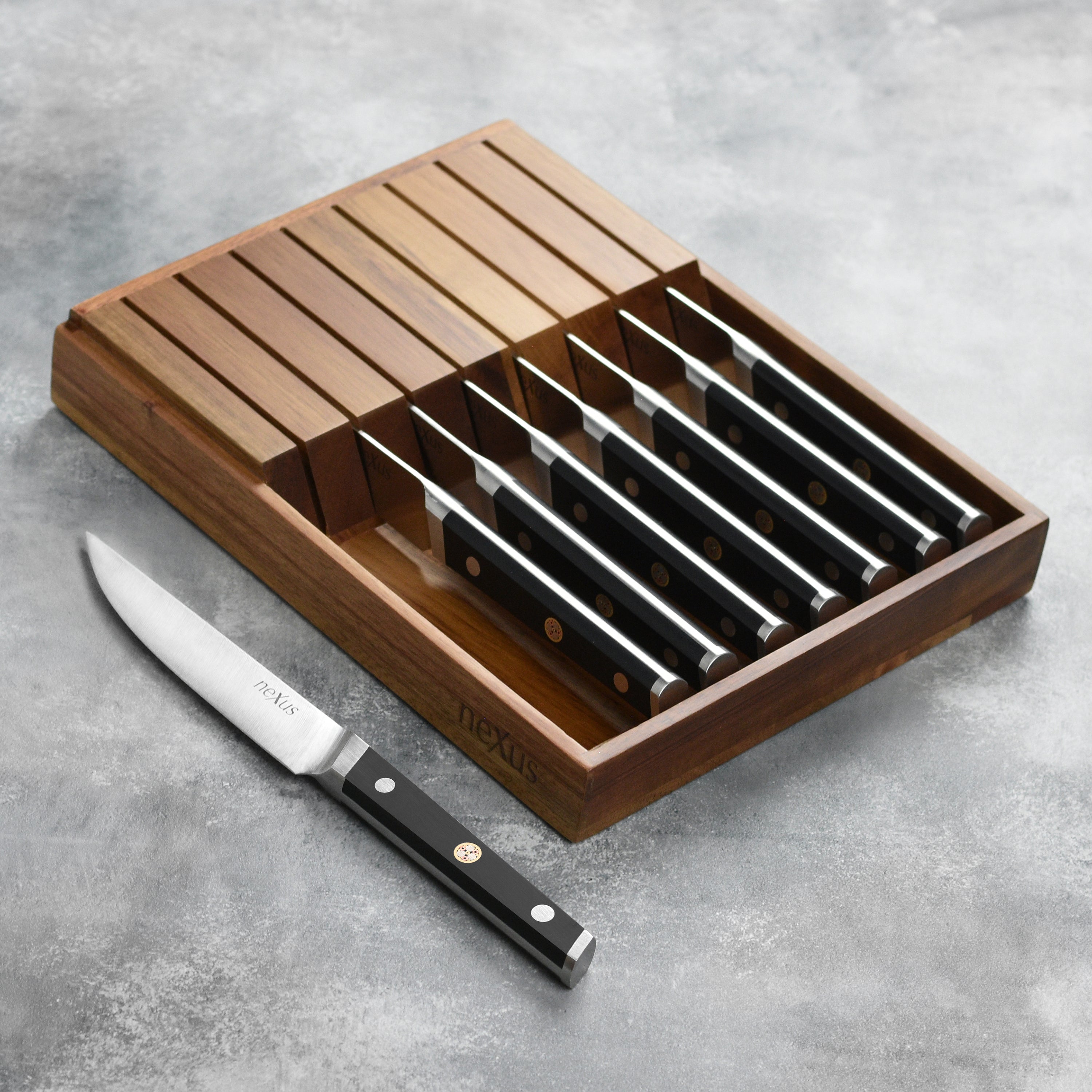 Nexus Steak Knives, Set of 8 with Storage Tray, Fine Edge (Non-Serrated), Forged Stainless Steel