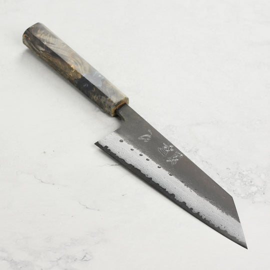 Hatsukokoro Shinkiro Aogami Super Kurouchi Damascus 6.5" Bunka, Stabilized Birch