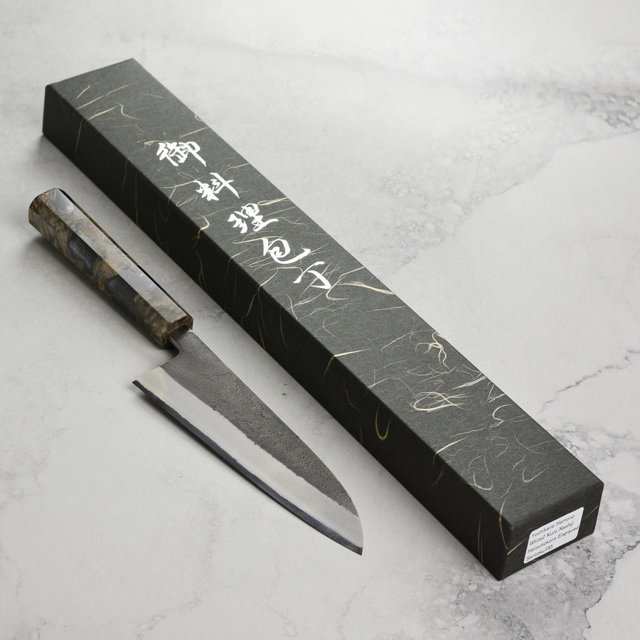 Yoshikane 165mm Santoku Shirogami #2 Kurouchi Stainless Clad (6.5