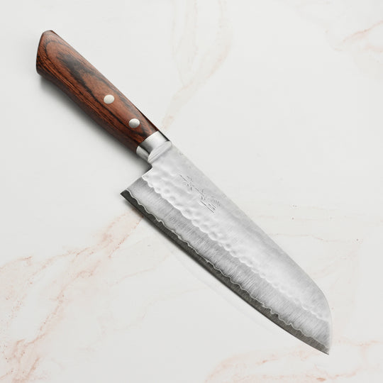 Masutani VG1 Hammered 6.7" Santoku, Brown Handle