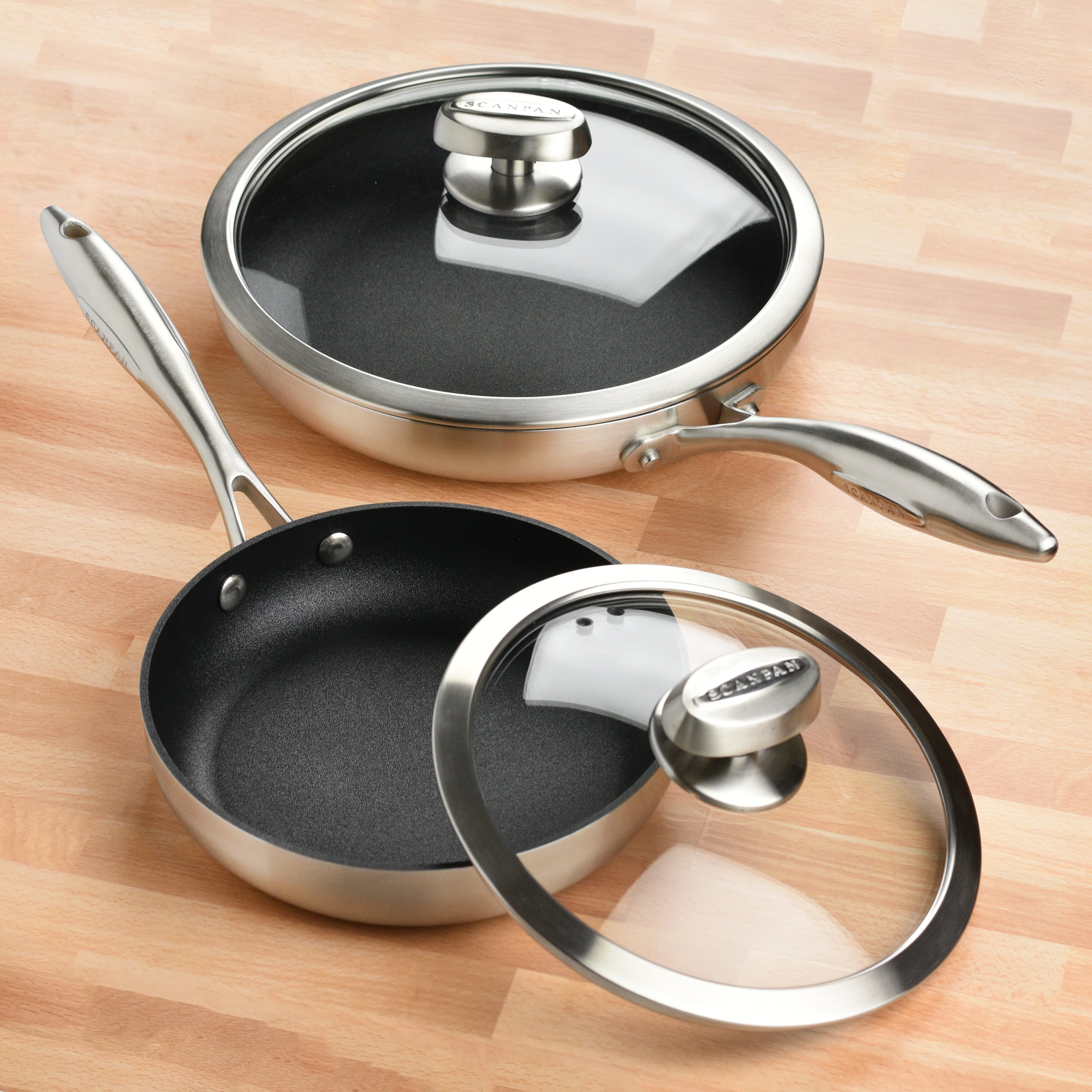 Scanpan CX+ Fry Pan Set with Lids Stainless Steel Nonstick Skillets Cutlery and More