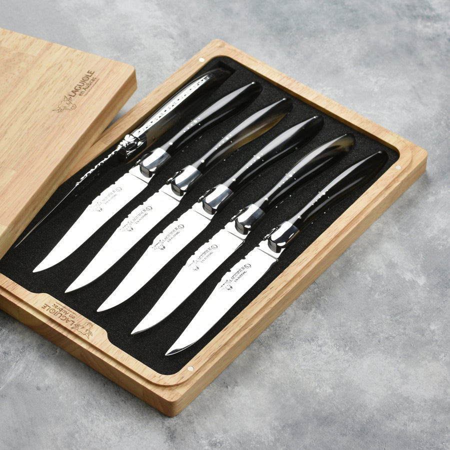 Laguiole en Aubrac 6 Piece Stainless Steel Steak Knife Set with Solid Horn Handles