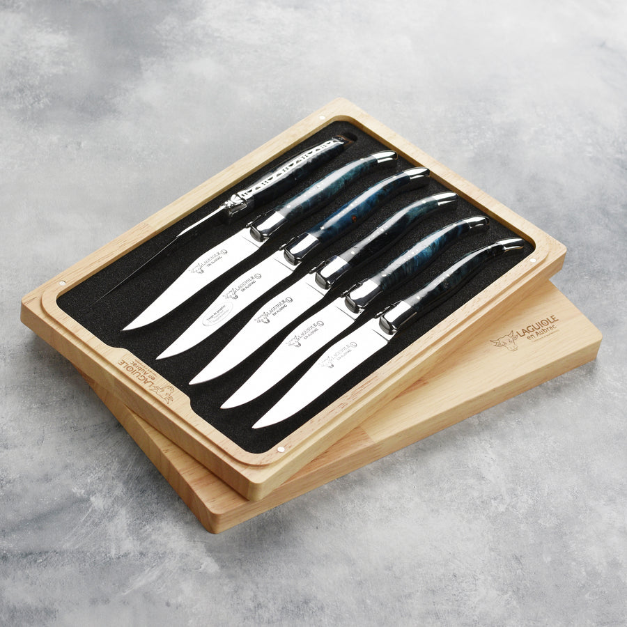 Laguiole en Aubrac 6 Piece Stainless Steel Steak Knife Set with Blue Poplar Burl Handles