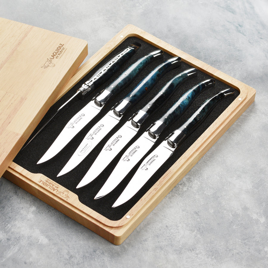 Laguiole en Aubrac 6 Piece Stainless Steel Steak Knife Set with Blue Poplar Burl Handles