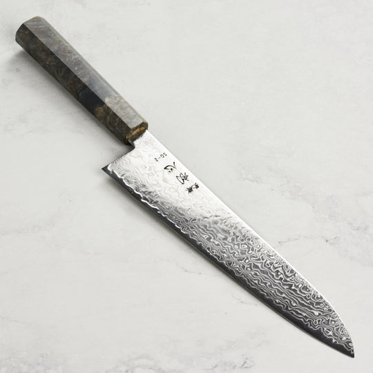 Hatsukokoro Ryuhyo SG2 Damascus 9.4" Gyuto, Stabilized Birch