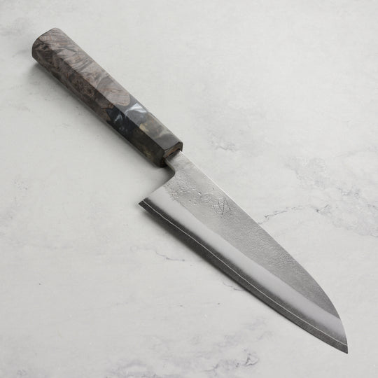 Yoshikane SKD Nashiji Stainless Clad 6.5" Santoku, Stabilized Birch