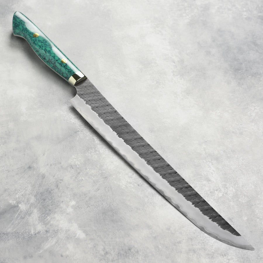 Nigara SG2 Kurouchi Tsuchime 11.8" Sakimaru Sujihiki, Green Turquoise