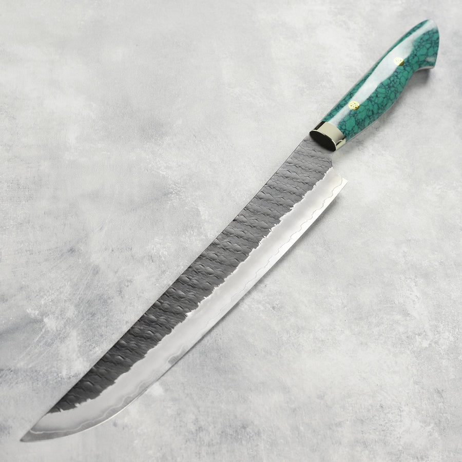 Nigara SG2 Kurouchi Tsuchime 11.8" Sakimaru Sujihiki, Green Turquoise