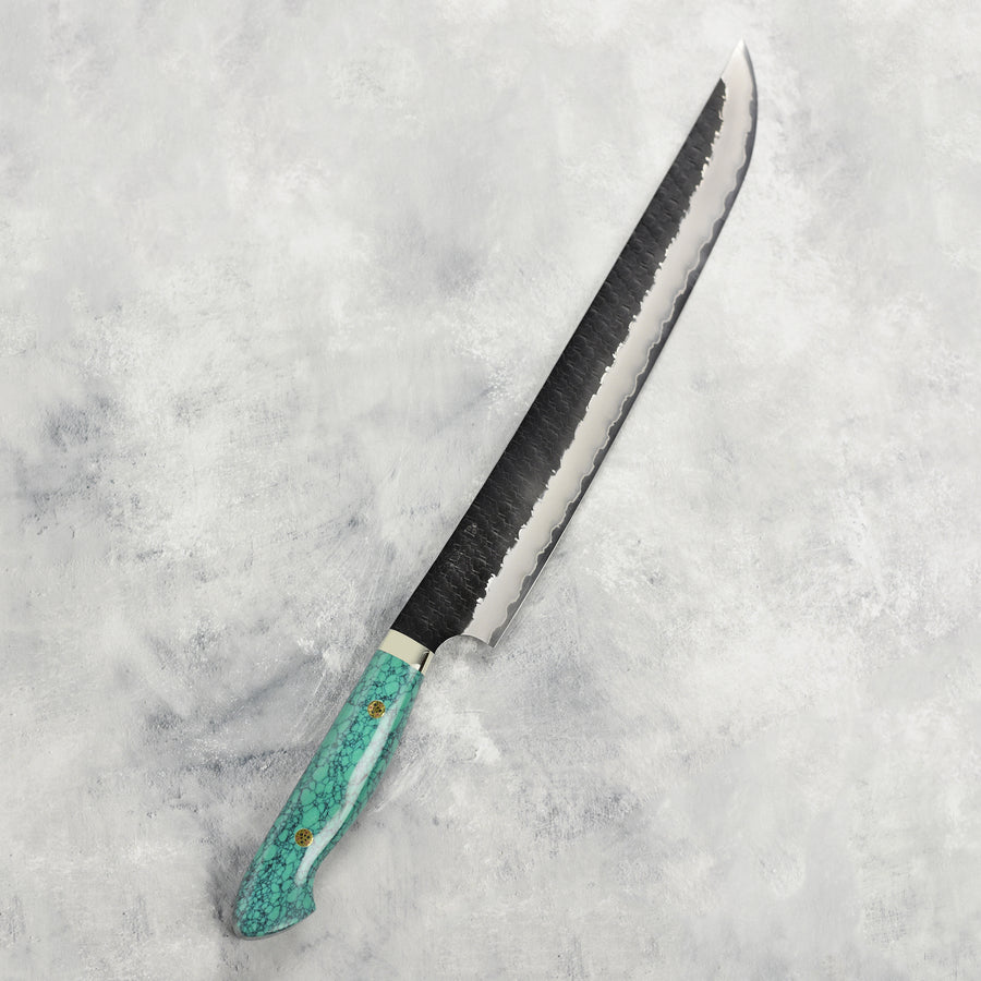 Nigara SG2 Kurouchi Tsuchime 11.8" Sakimaru Sujihiki, Green Turquoise