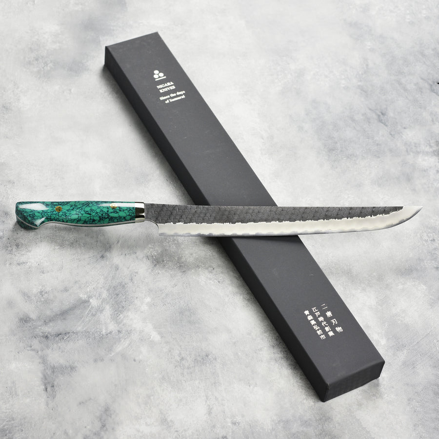 Nigara SG2 Kurouchi Tsuchime 11.8" Sakimaru Sujihiki, Green Turquoise