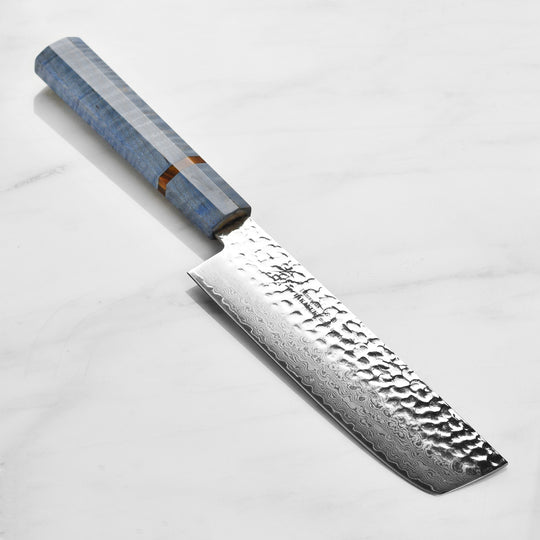 Takayuki Tsuchime Damascus 6.7" Nakiri, Blue Stabilized Handle