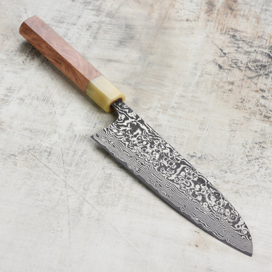 Saji SG2 Black Damascus 7" Santoku, Quince Wood