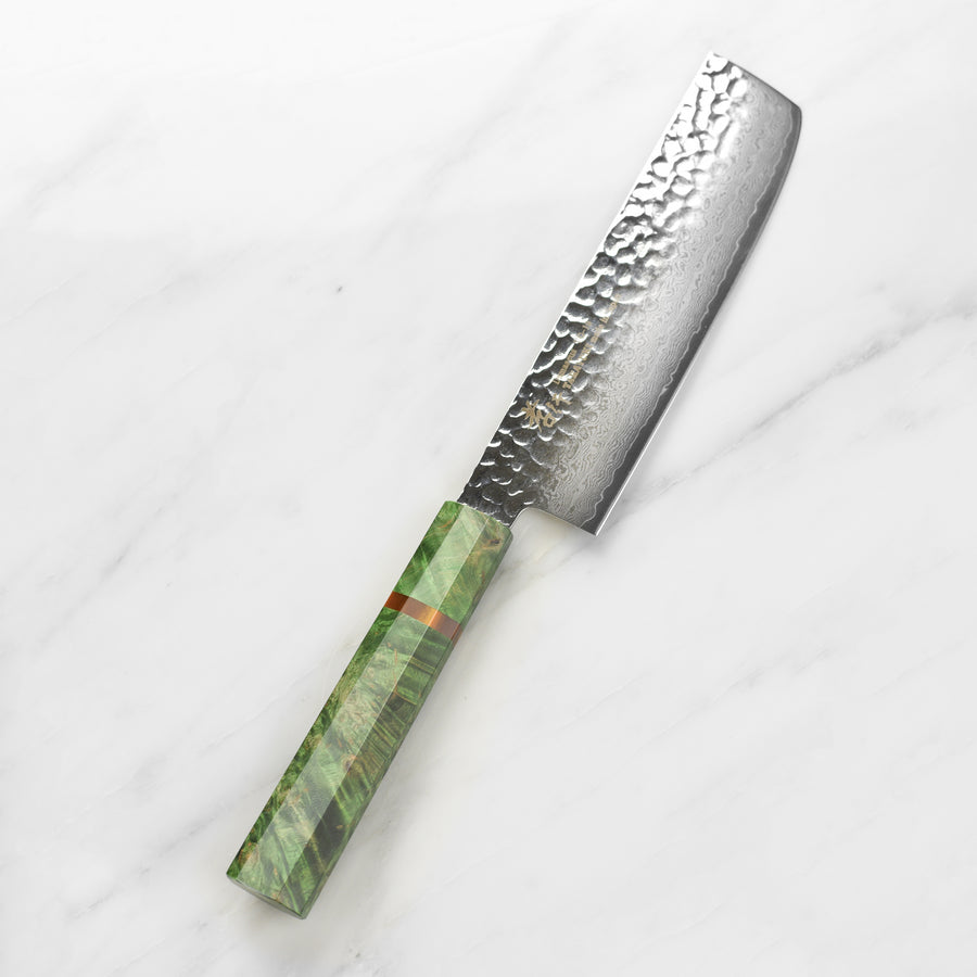 Takayuki Tsuchime Damascus 6.7" Nakiri, Green Stabilized Handle