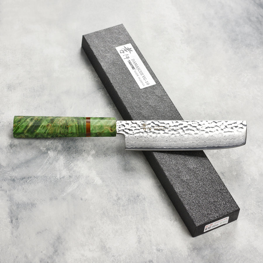 Takayuki Tsuchime Damascus 6.7" Nakiri, Green Stabilized Handle