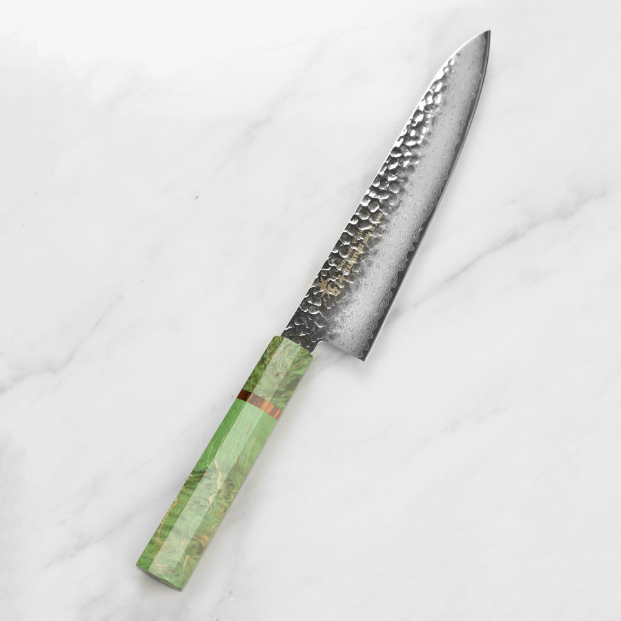 Takayuki Tsuchime Damascus 8.25" Gyuto, Green Stabilized Handle