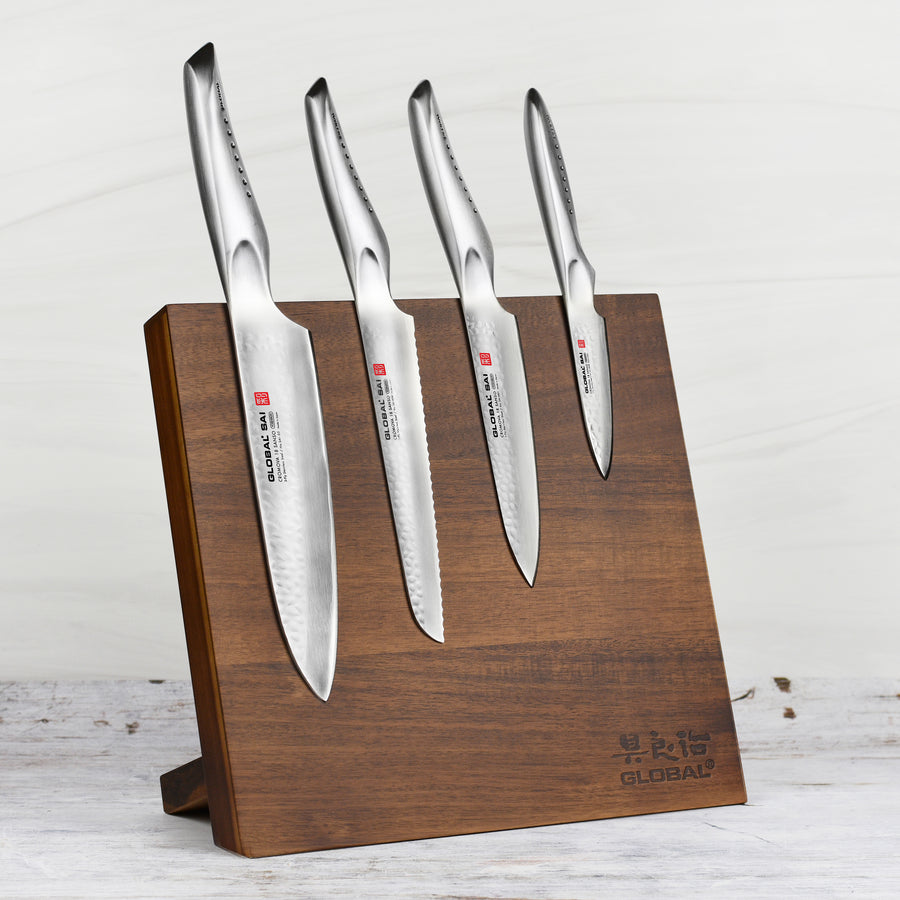 Global Sai 5 Piece Magnetic Easel Knife Set, Acacia Block