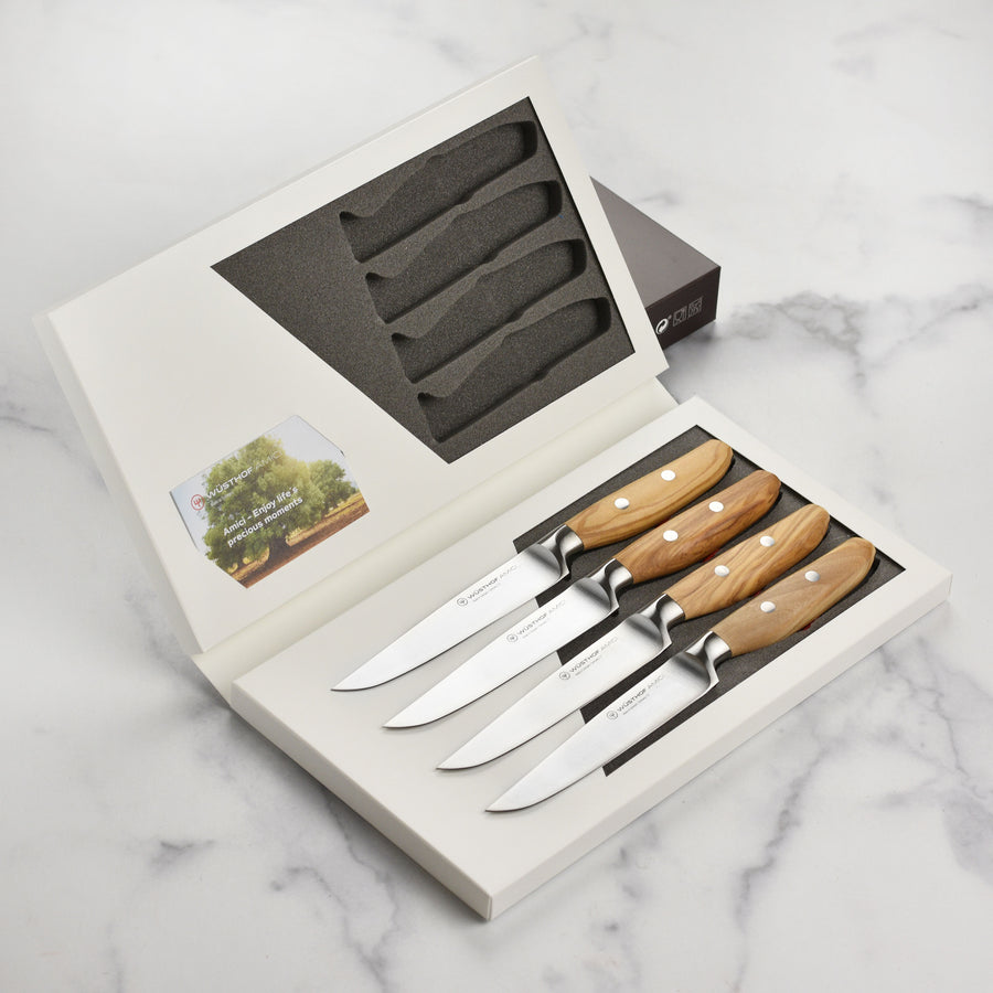 Wusthof Amici 4 Piece Steak Knife Set, Olive Wood Handles