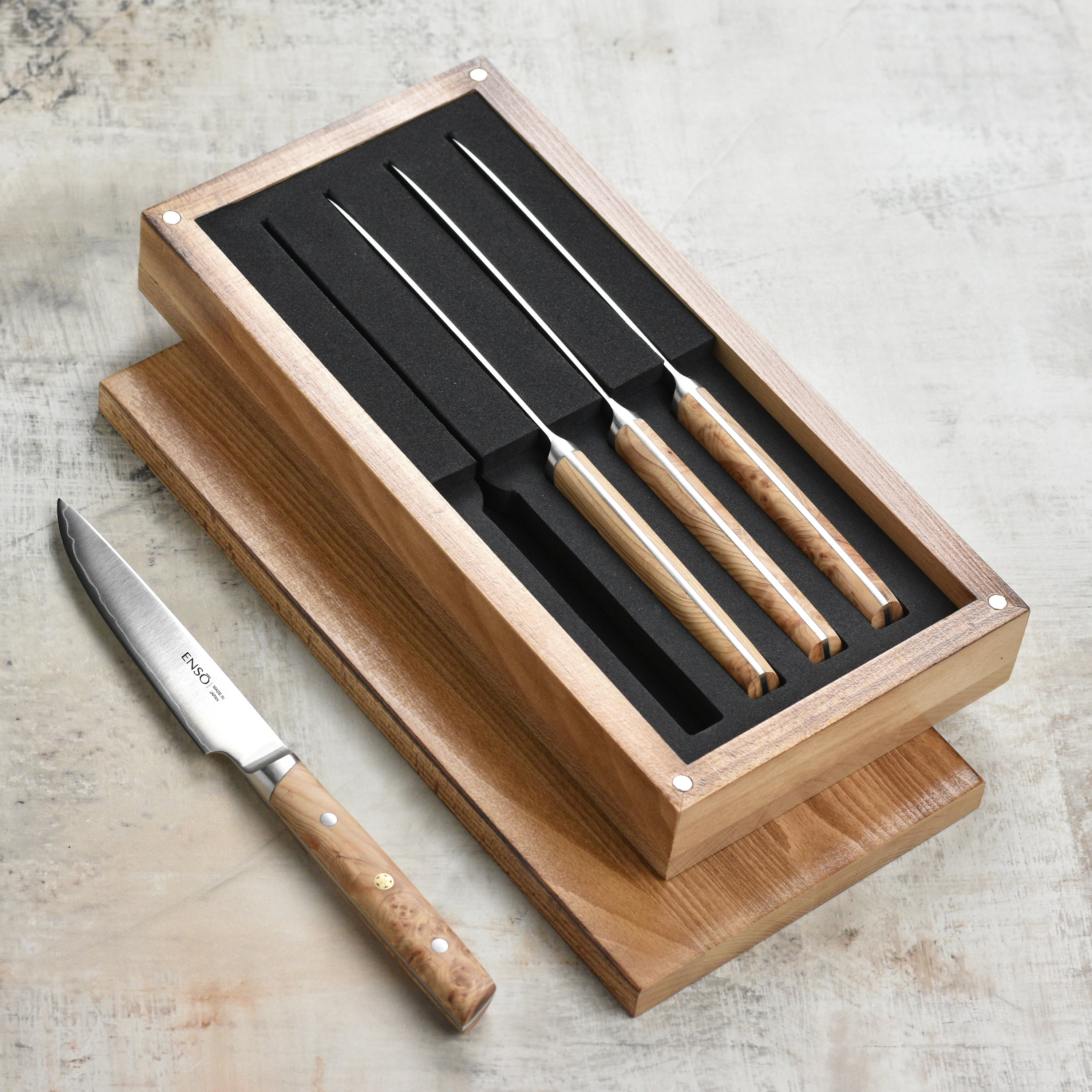 Enso Modern Birchwood Steak Knives, Made in Japan, 4 Piece Knife Set with Storage Case