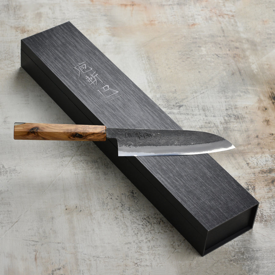 Hozan Tomoe x Hinoura Shirogami #2 Kurouchi 6.5" Santoku