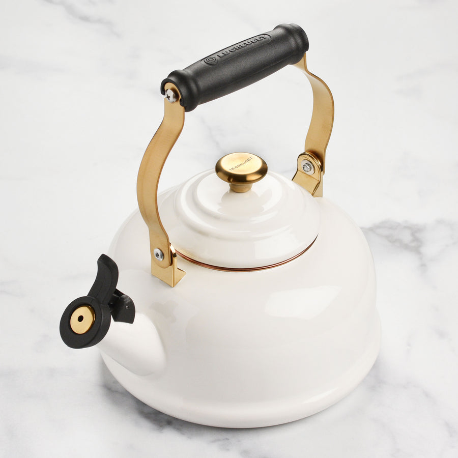 Le Creuset Enameled Steel 1.7-quart White Whistling Tea Kettle with Gold Knob
