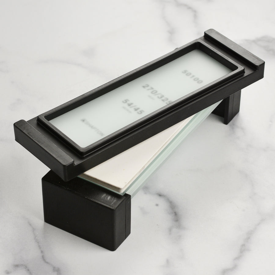 You can also lap a stone by laying the lapping plate on the stone forwards and backwards, then diagonally using the Shapton Glass Stone Field Holder (sold separately)