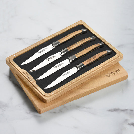 Laguiole en Aubrac 4 Piece Stainless Steel Steak Knife Set with Olive Wood Handles