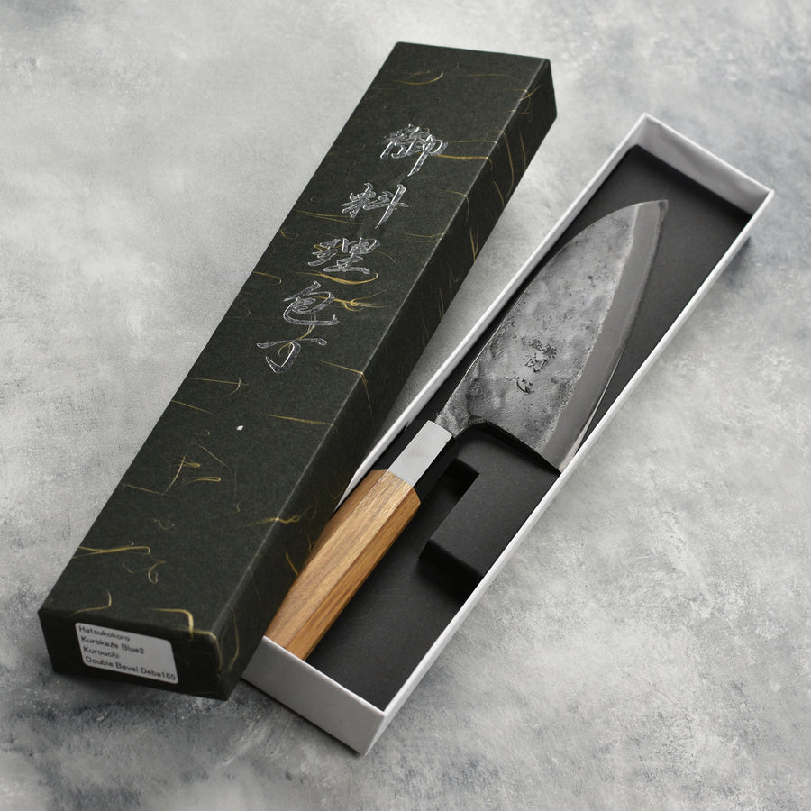 Hatsukokoro Kurokaze Aogami #2 Kurouchi 6.5" Double Bevel Deba, Teak