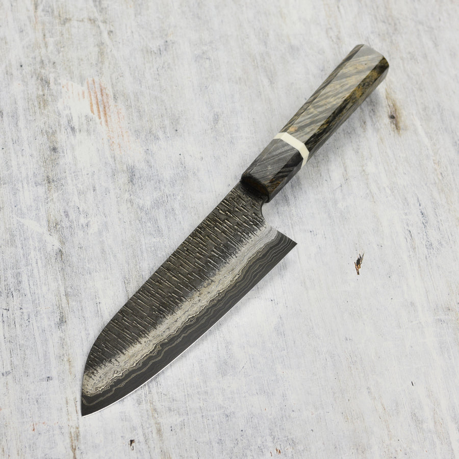 Hatsukokoro Itadaki Aogami #2 + Shirogami #2 Coreless Damascus 7" Santoku