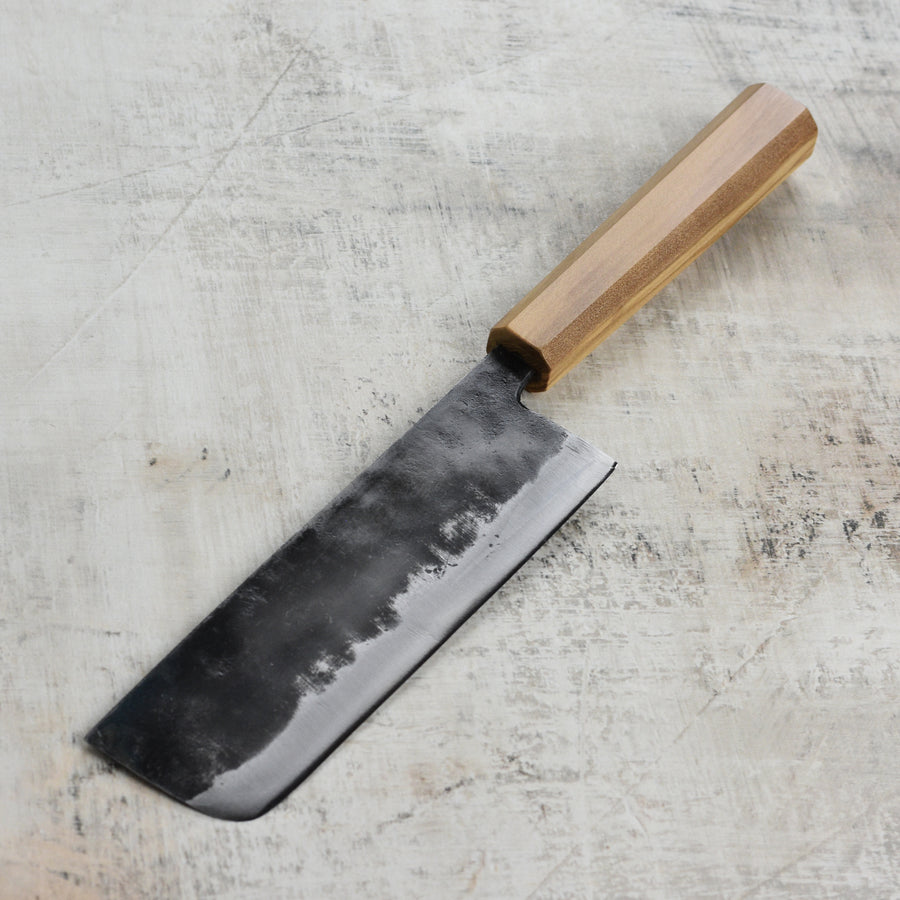 Hatsukokoro Kurogane Aogami #2 Kurouchi 6.5" Nakiri, Olivewood