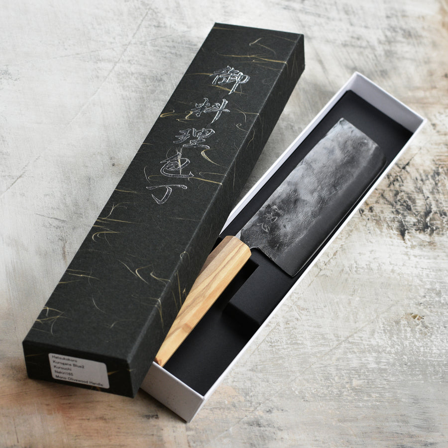 Hatsukokoro Kurogane Aogami #2 Kurouchi 6.5" Nakiri, Olivewood